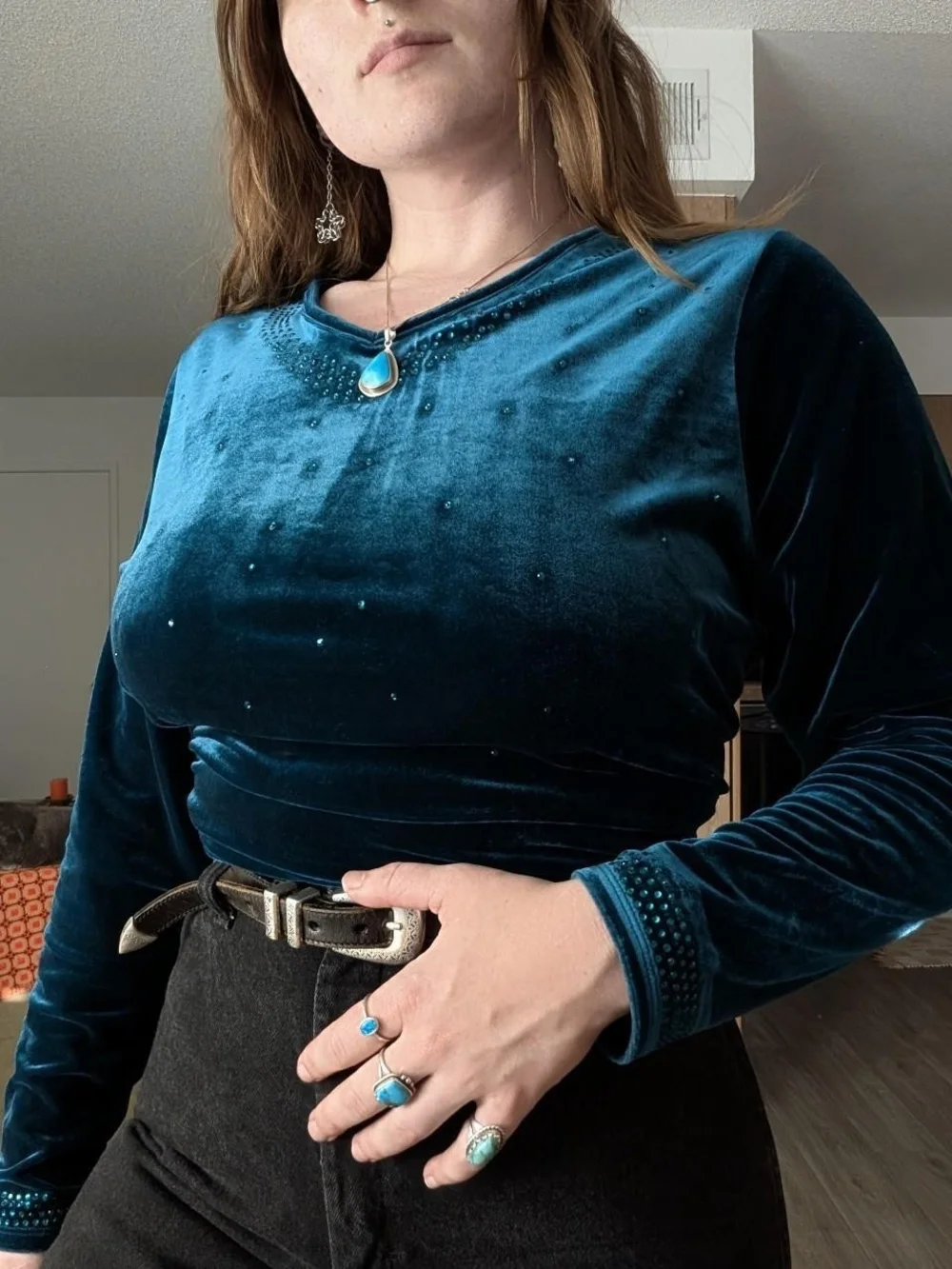 Turquoise Velvet Long-Sleeve Top